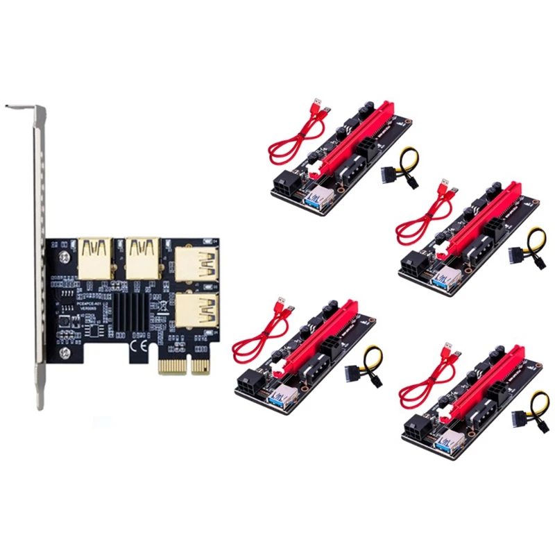 

PCIE 1X к 4 Pci-Express адаптер + Райзер-карта VER009S USB3.0 к PCI-E 1X к 16X видеокарта Удлинительный кабель для майнинга