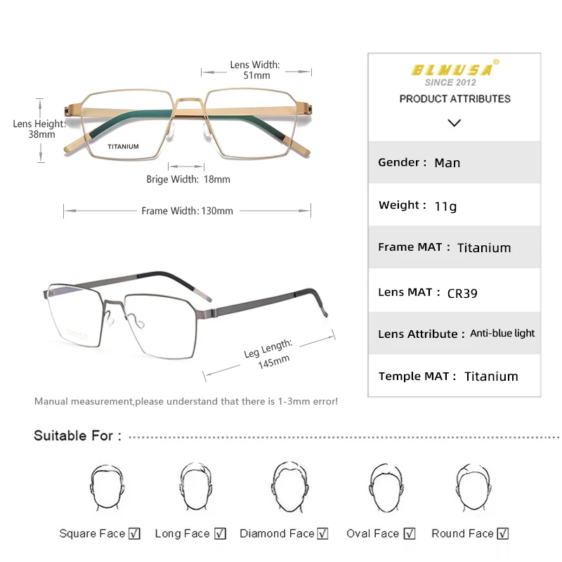 Мужские Винтажные Очки для чтения BLMUSA титановые многоугольные анти-синие