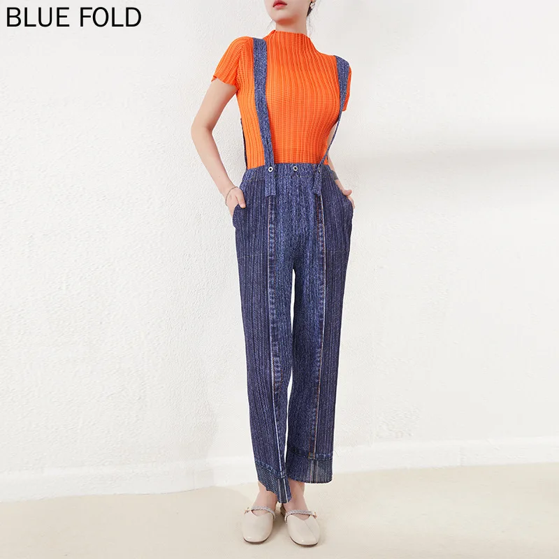 Miyake Blue Denim Overalls Women's New Korean Version Loose Straight Jumpsuit Pleated Wide-leg Trousers PLEATS Combinaison