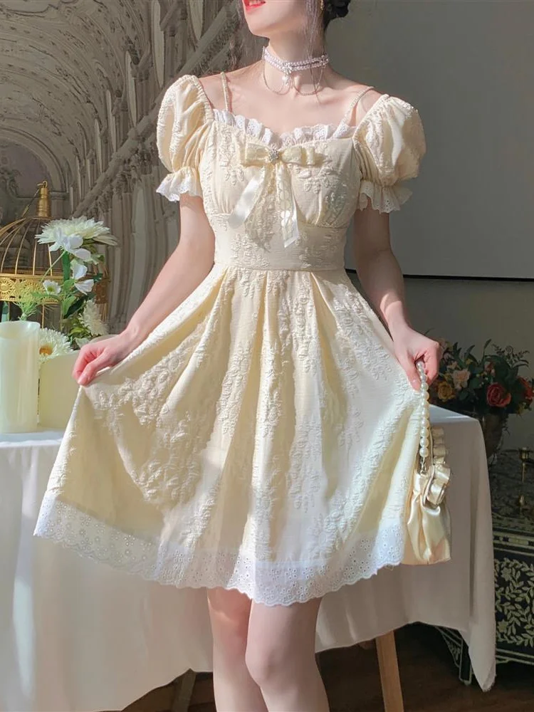 

QWEEK Vintage Kawaii Princess Fairy Dress Soft Mori Japanese Sweet Cute Puff Sleeve Lace Elegant Party Dresses Retro 2022 Summer