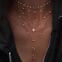 boho fashion color stone sun crystal pendant necklaces for women vintage gold plated multilayer female jewelry wedding gift