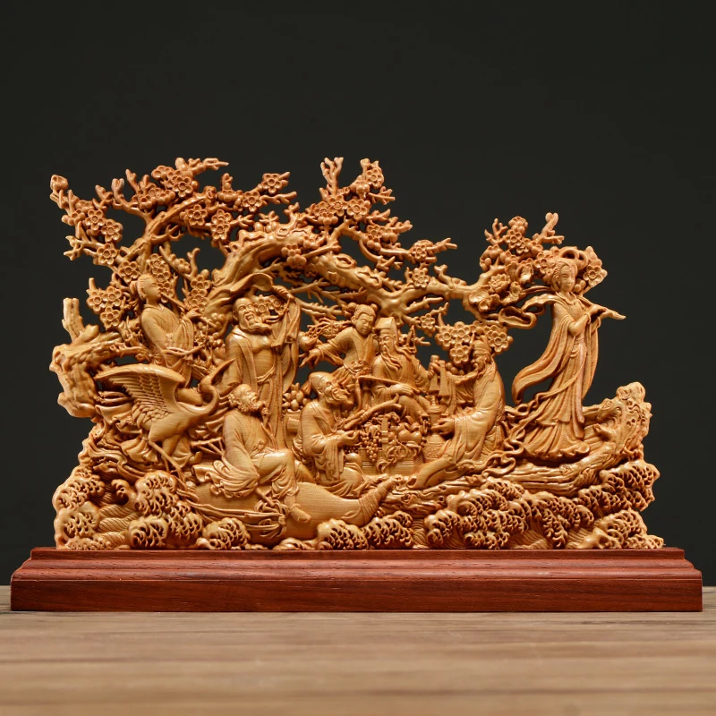 

33CM Thuja Wood Eight Immortals Sculpture Decorative Dish Hollow Wood God of Wealth Collection Carving Lucky Gift Home Decor