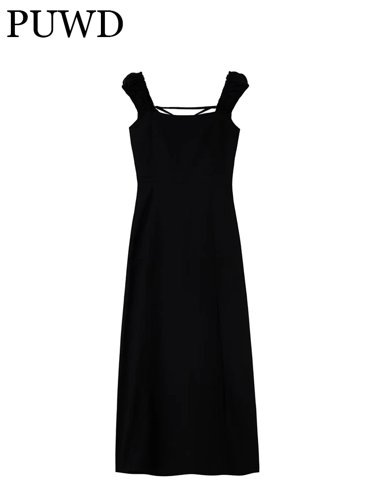 

PUWD Women Black Linen Midi Dress 2022 Summer Ladies Sleeveless Dress Backless Hollow Out Lacing Vintage Slim Female Chic Dress
