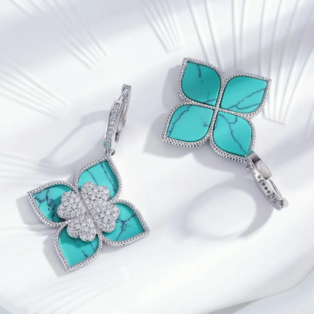 

Europe and the United States new RC flash diamond diamond four-petal flower earrings three-dimensional pendant retro earrings e