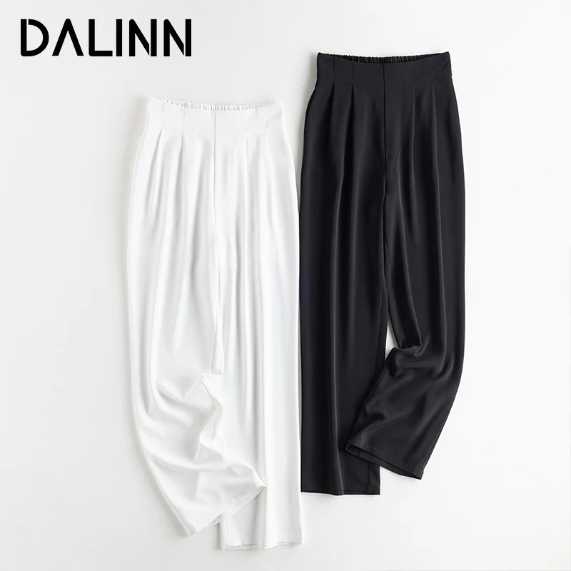 

Woman Wide Leg Pants Elastic Waisted Solid White Full Length Trousers 2023 Spring Summer Office Lady Bottoms Black DALINN