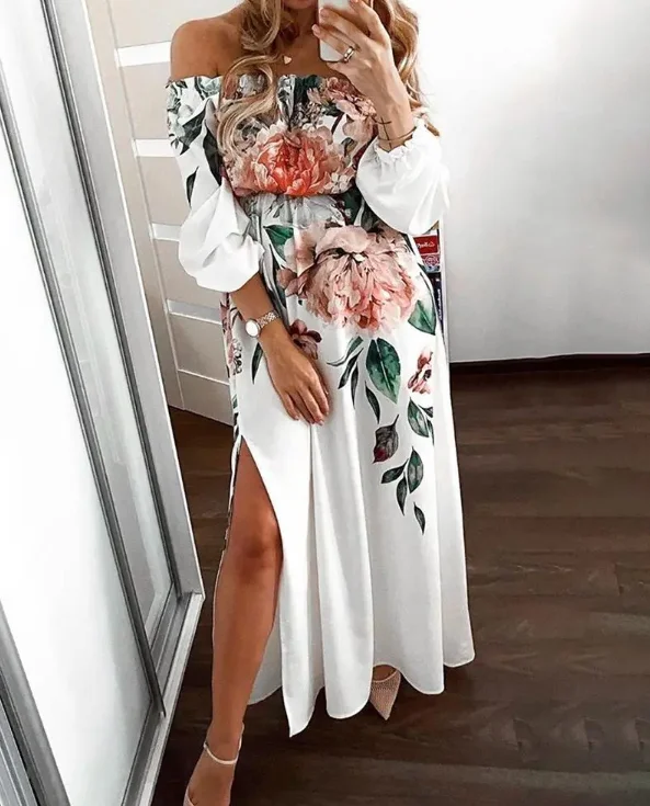 

2022 Summer Woman Casual Floral Print Off the Shoulder Frill Hem High Slit Maxi Long Sleeve Vacation Dress