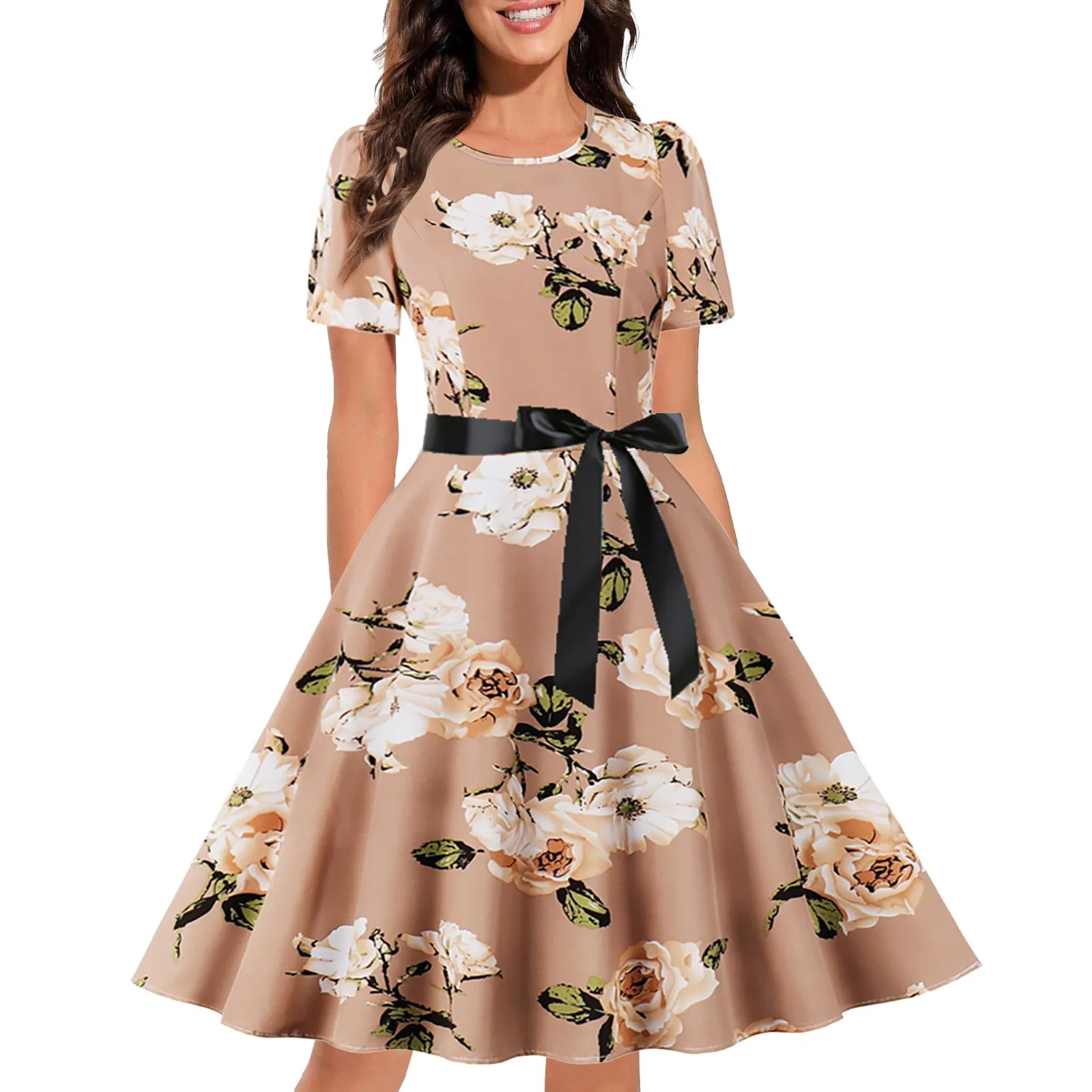 

Women's Vintage Print Cocktail Dresses Short Sleeve Swing Party Dresses Big Swing Puffy Dresses Casual Dress Belts for Women
