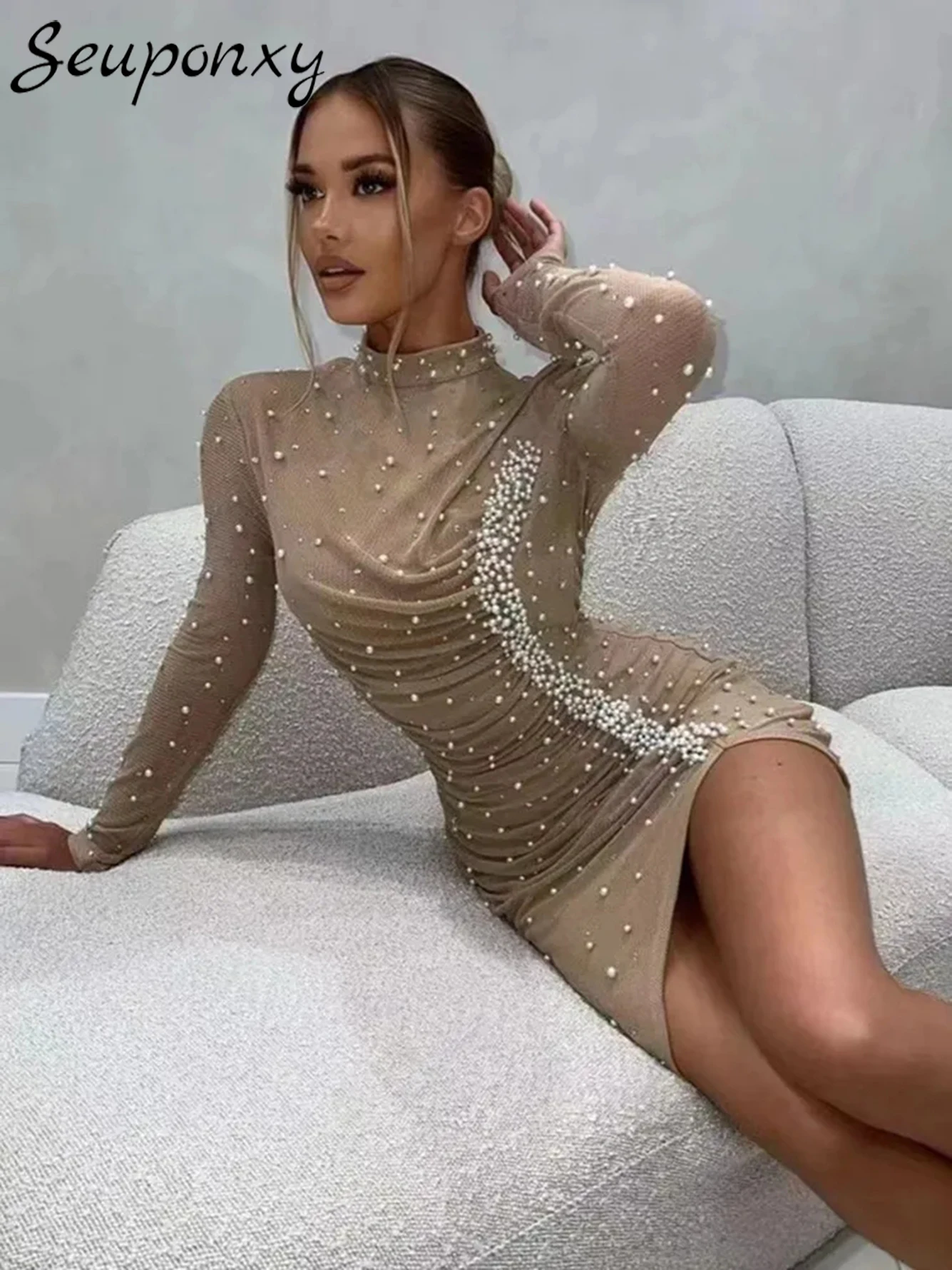 High-Quality Women'S 2023 Sexy High-Neck Long-Sleeved Luxury Beaded Pleated Mini Dress Elegant Mesh Birthday Party Mini Dress