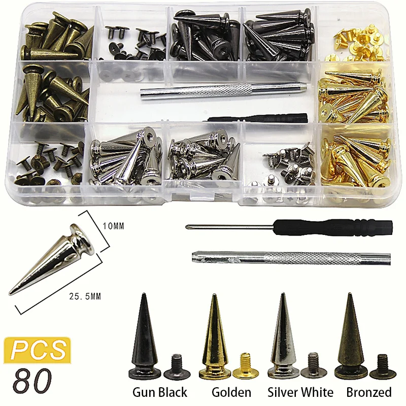 

80 Sets Punk Rivets Buckles + Installation Tools Tapered Alloy Screw Base Clothing Bags Shoes Jackets Accessories DIY Buttons