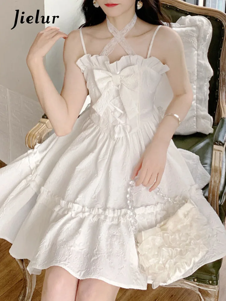 

Jielur Summer White Strap Kawaii Dress Women Sexy Fairy Party Mini Dresses Casual Sweet Designer Bow Chic Fashion Dress 2022