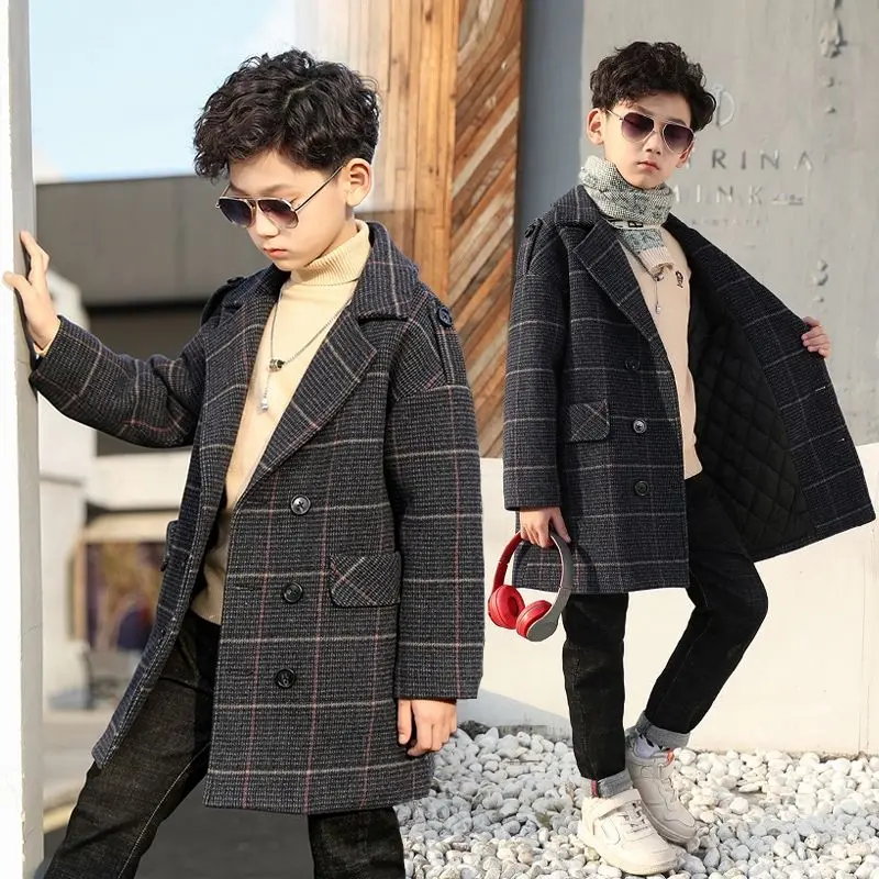 2023 New Fashion Boys Woolen Coat Children's Jacket Teenage Thickening Winter Plaid Coat for Boys High Quality 5-14 Years F129