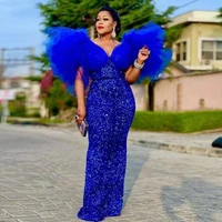 royal blue v neck prom dresses aso ebi style puffy tulle sleeves evening gowns plus size sequined gilter party dress 2022 new