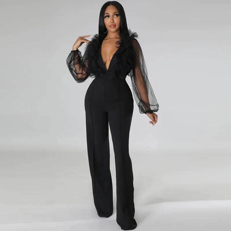 

Женский сетчатый комбинезон в стиле пэчворк, элегантный однотонный официальный комбинезон с рукавами-фонариками, высокой талией и глубоким V-образным вырезом, женский комбинезон