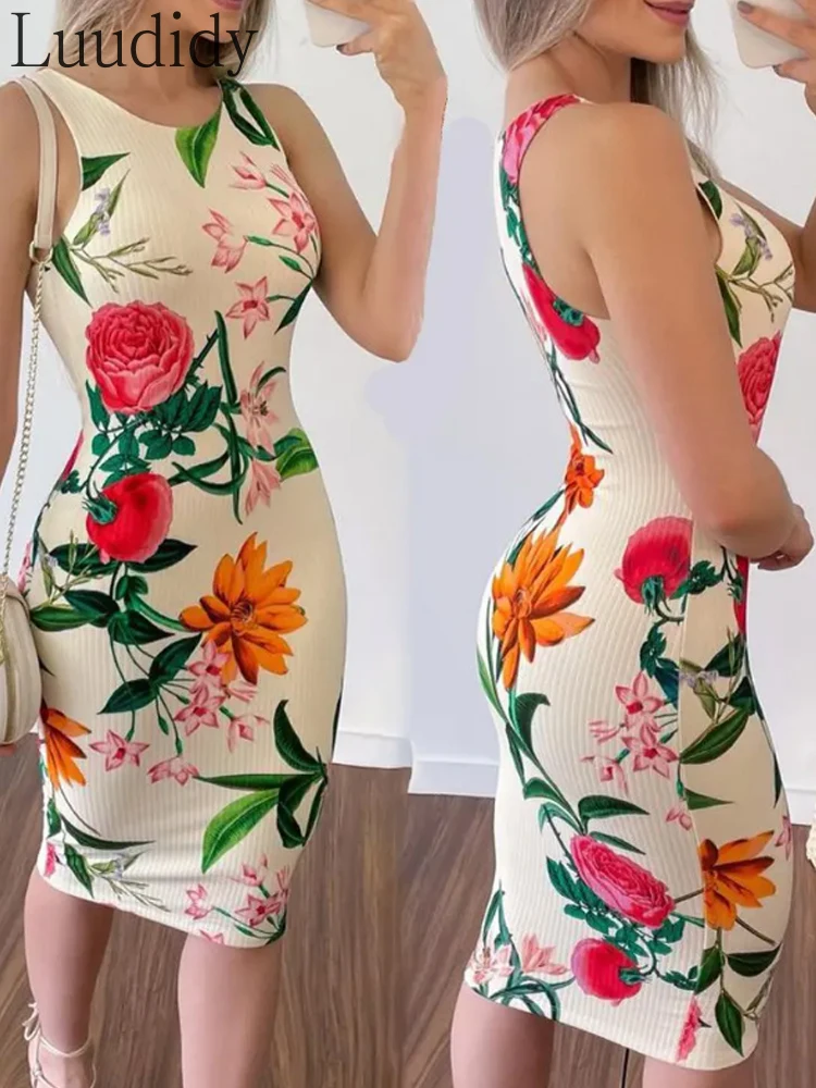 

Women Floral Print Sleeveless Round Neck Bodycon Dress