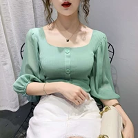2022 female spring new elegant square neck blouse fashionable sexy puff sleeve shirt office ladies commuter tops e girl vintage