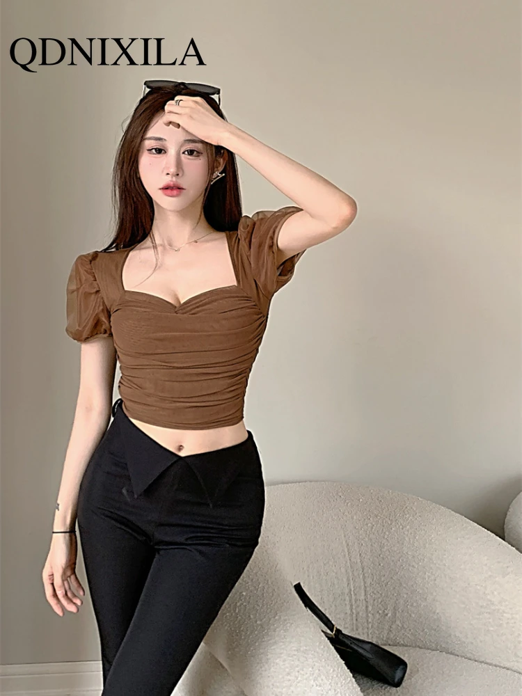 

New Summer Pleated Slim Bubble Sleeve Gauze Blouse Girl Women Shirts Blouses Women Tops Blouse Woman Tshirts Womens Tops Shirts
