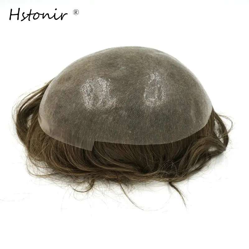 Hstonir Full PU Vloop Thin Skin Toupee Indian Remy Hair 100% Pure Handmade Mens Hair System Replacement H080