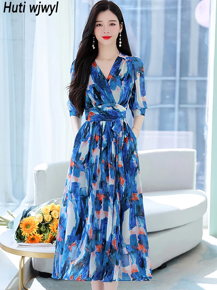 

2023 Fashion Print Chiffon Casual Robe Women Elegant Bandage Bodycon Party Midi Dress Spring Summer Chic Prom Runway Night Dress
