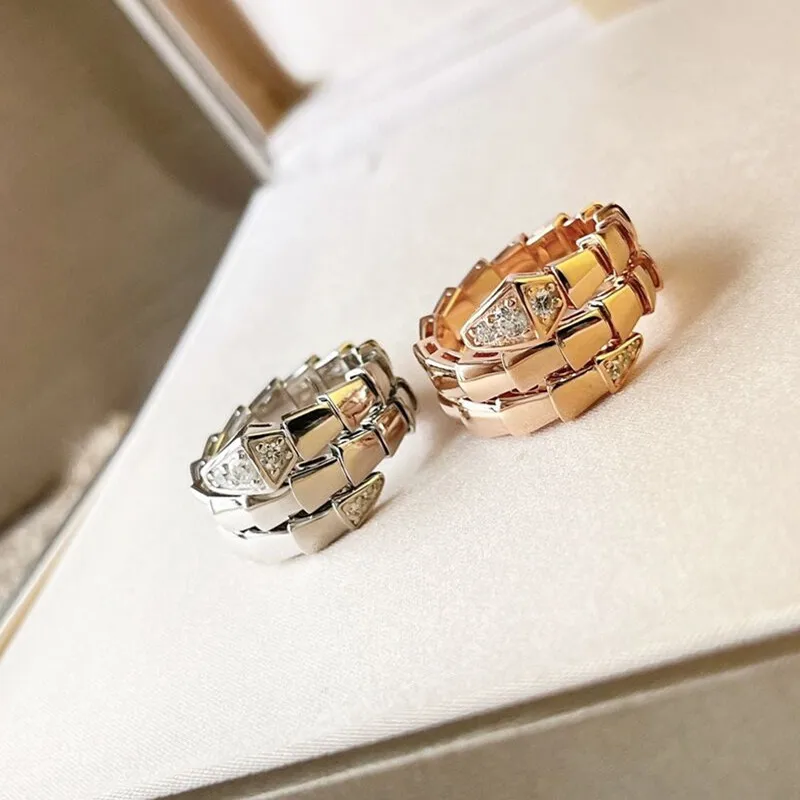 

925 Silver Plated 18K Gold Snake Ring Head and Tail Diamond Narrow Edition Women's European Fashion Brand Jewelry Gifts