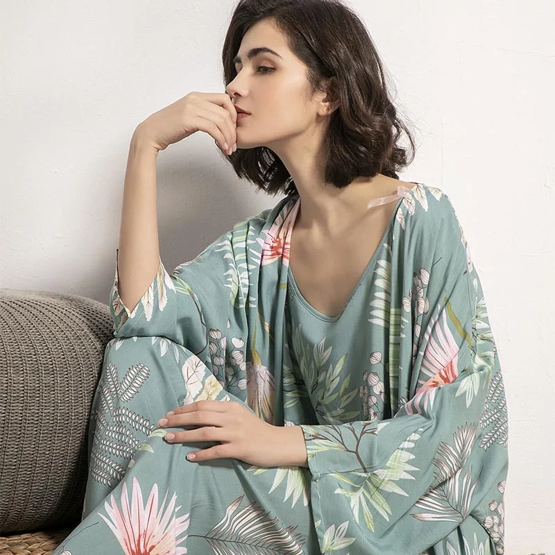 Sunflower Printed Women Sleepwear Light Blue Cotton Satin Pajamas Set Ladies Loose Thin Homewear  Pijamas  Pajama Set