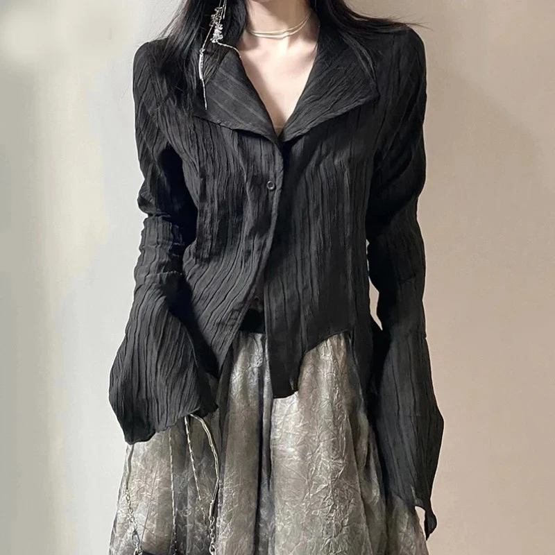 

Jmprs Gothic Women Black Shirts Korean Dark Academic Female Designed Irregular Tops Spring Fashion Streetwear Y2K Blouse