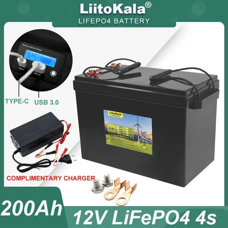 

LiitoKala 12.8V 200Ah 4 string LiFePO4 batter with 12V BMS For Inverter RV Campers Golf Cart Off-Road Solar Wind duty-free
