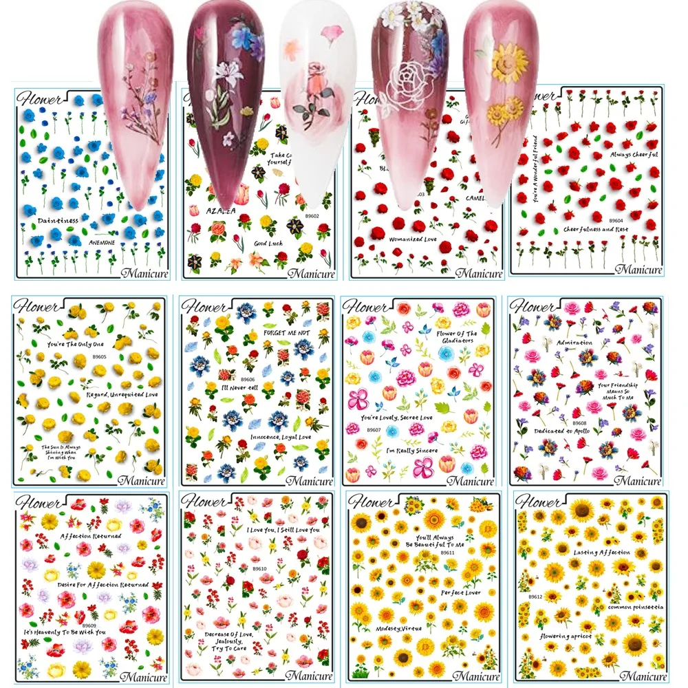 

1pcs 3D Simulation of Small Flowers Nail Stickers 24 Designs Rose Small Daisy Sunflower Nail Decals Back Adhesive Nail Decor