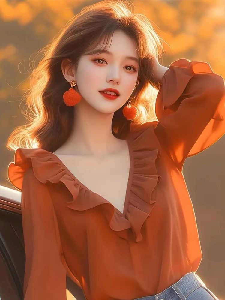 Красные рубашки с длинными рукавами. Осенняя одежда. Женские модели. 2024. Новые