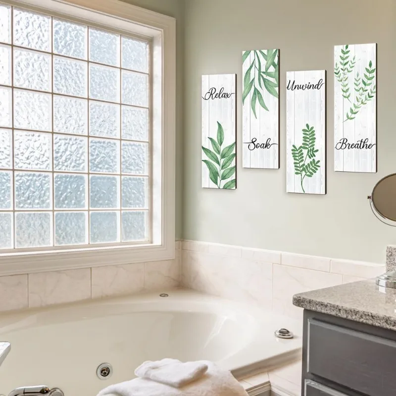 Деревянный настенный знак с зелеными листьями 4 шт.