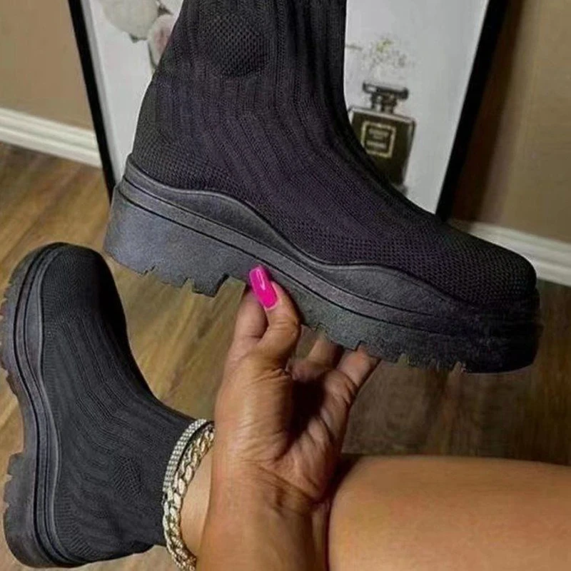 2022 Autumn Socks Boots For Women Thick Platform Chunky Sole Chelsea Ankle Boots Stretch Fabric Casual Shoes Plus Size 43