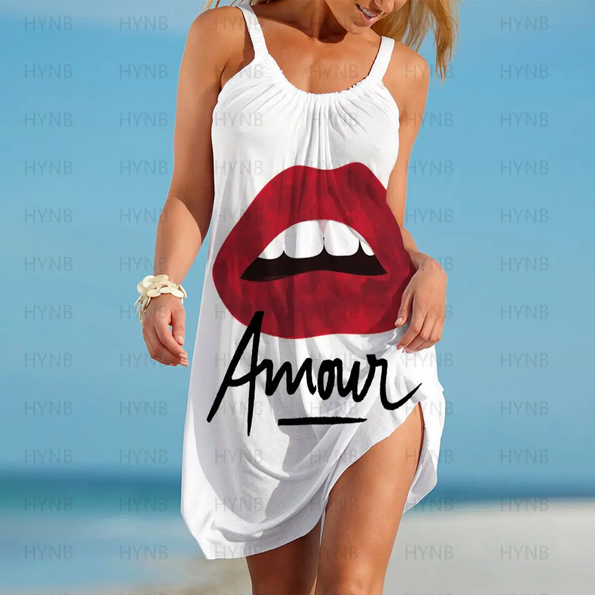 

Boho Dress Sling Women's Dresses Free Shipping Kiss Me Summer Woman 2022 Red Lips Party Sweet Sexy Sleeveless Chic Elegant Beach