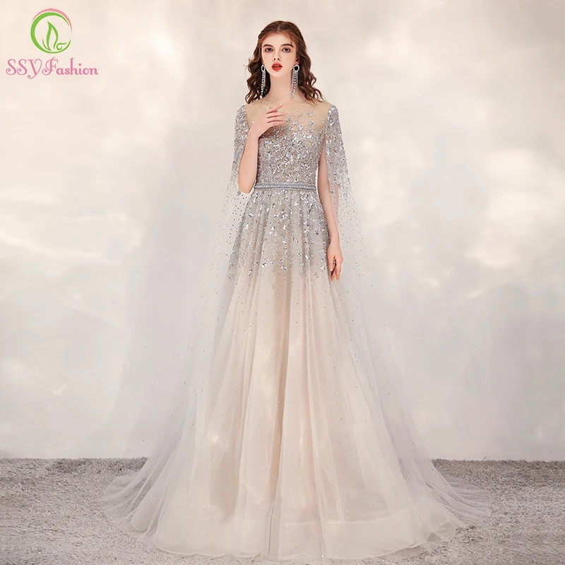 

SSYFashion New High-end Long Evening Dress with Cape Banquet Elegant Luxury Sequins Beading O-neck A-line Prom Gown for Women