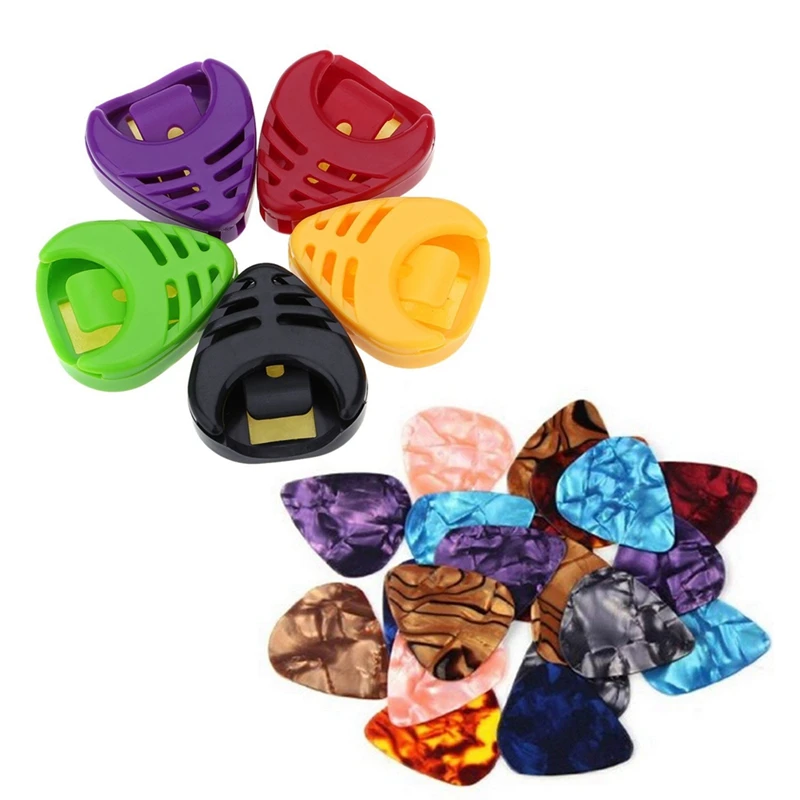 

5X Plactic Heart-Shaped Guitar Pick Plectrum Holder Cases Sticky And Portable & 200X Premium 0.46Mm Stylish Colorful Celluloid G