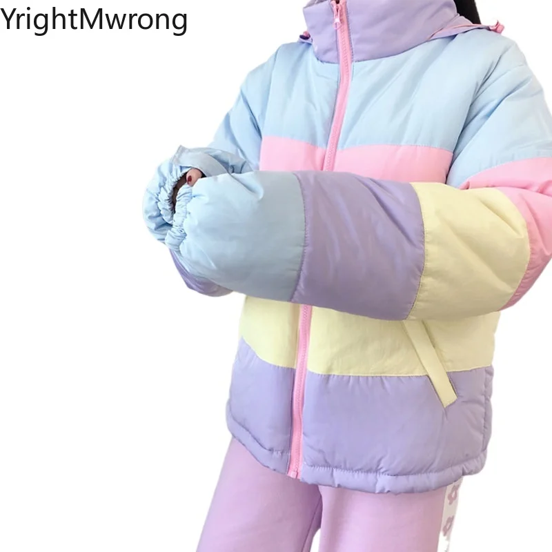 

Contrast Cute Stripe Warm Puffer Jacket High Neck Zipper Hooded Bubble Coat Pretty Colorblock Windbreaker Women Winter y2k Cloth