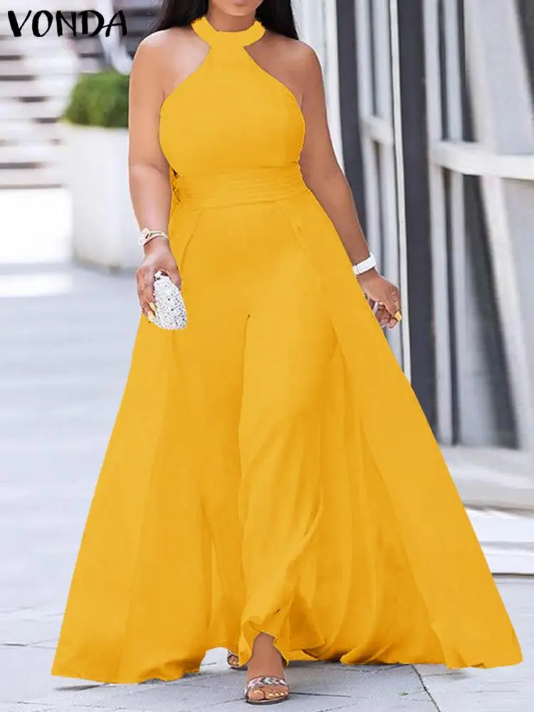 

VONDA Y2K Casual Femme Sleeveless Sexy Jumpsuits Halter Neck Overalls Wide Leg Pants Women 2022 Female Solid Pantalon Oversized