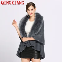 two layer winter knitted overcoat big faux fox fur deep v neck cardigan poncho warm thick beading women casual loose shawl cloak