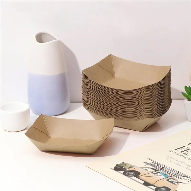 

50PCS Ship Shape Take Out Containers Easy Fold Box Kraft Paper Box Lunch Salad Carton Disposable Party Snack Boat Box For Party