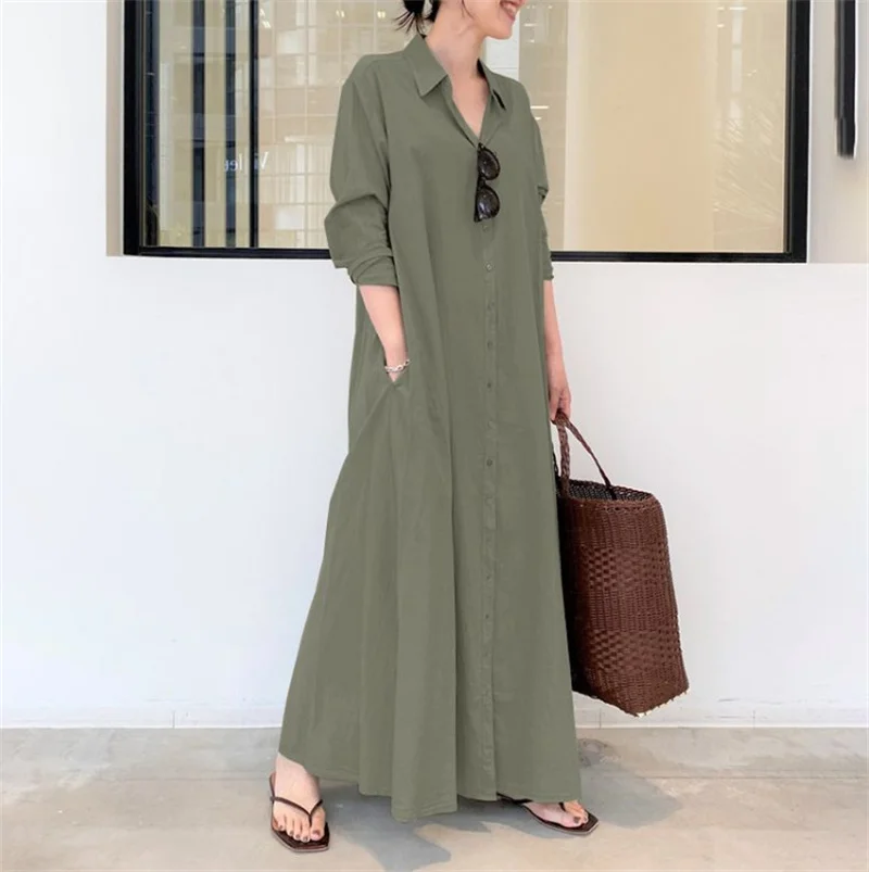 Купи Casual Loose Button Cardigan Shirt Dress Women Simple Cotton Linen Solid Lapel Long Sleeve Robe Elegant Ladies Pocket Dresses 22 за 775 рублей в магазине AliExpress