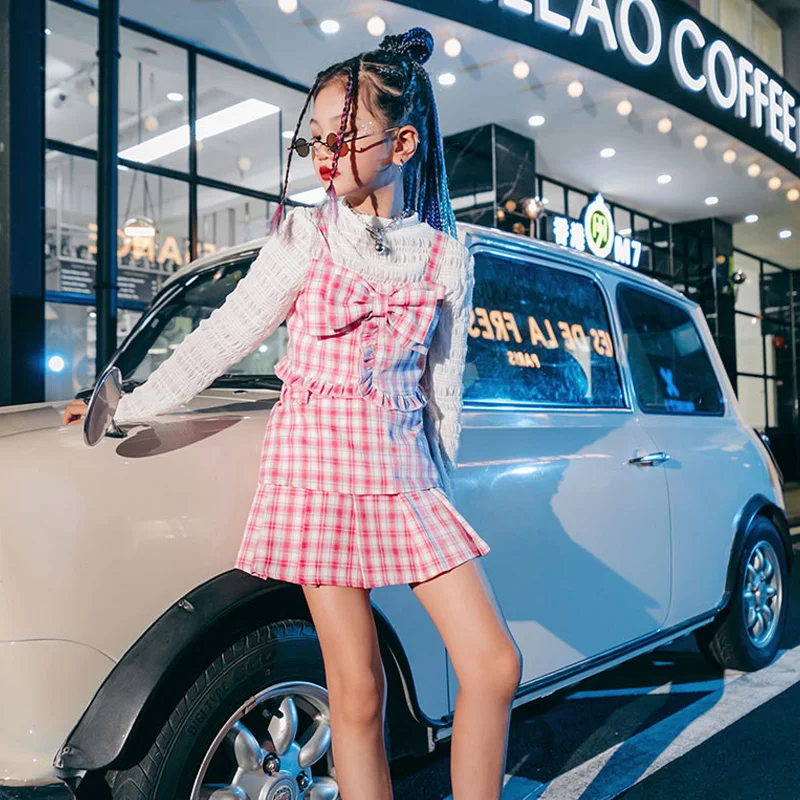 

Kids Jazz Dance Clothes White Tops Pink Plaid Vest Skirt Modern Street Dance Stage Clothing Girls Catwalk Show Outfits 2022 13