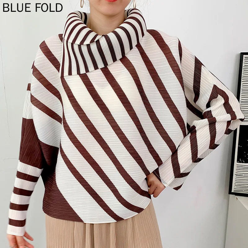 MIYAKE-Плиссированный топ в полоску для женщин футболка с лацканами плиссированная