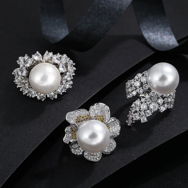 

Luxury Shiny Large Pearl Ring 2023 New Fashion Europe and The United States Exaggerated Round Ring Women Jewelry Christmas Gift
