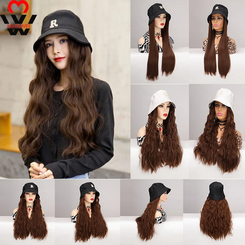

MANWEI Synthetic Bucket Hat Wig for Women Long Wavy Curly Winter Wide-brimmed Bucket Hat Wig All-in-one Wig with Hat