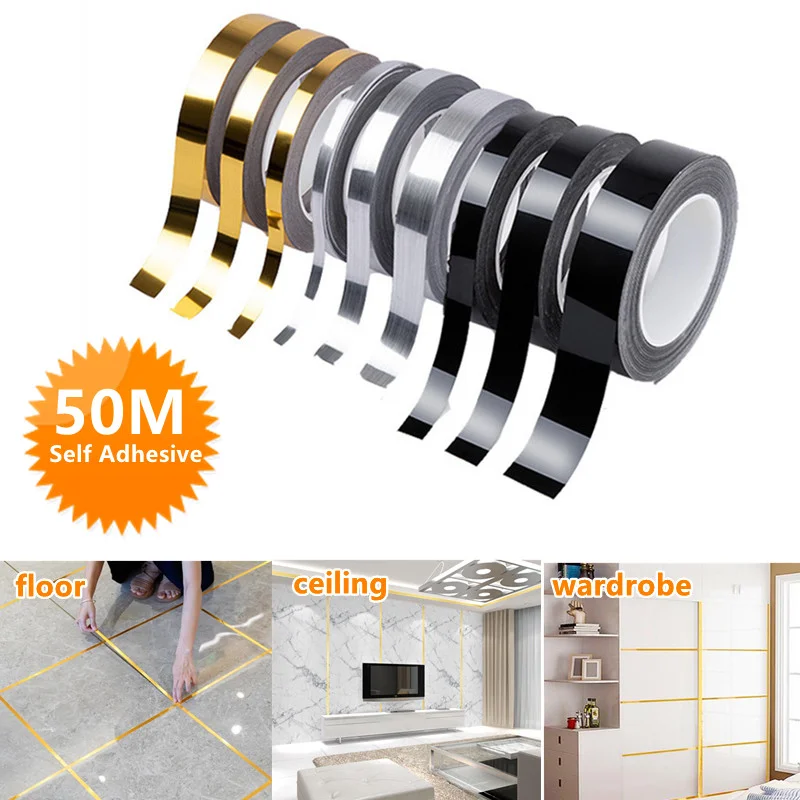 

50m Self Adhesive Floor Tile Strip Seam Sticker Copper Foil Tape Waterproof Wall Ceiling Wardrobe Sealing Tape Home Decoration