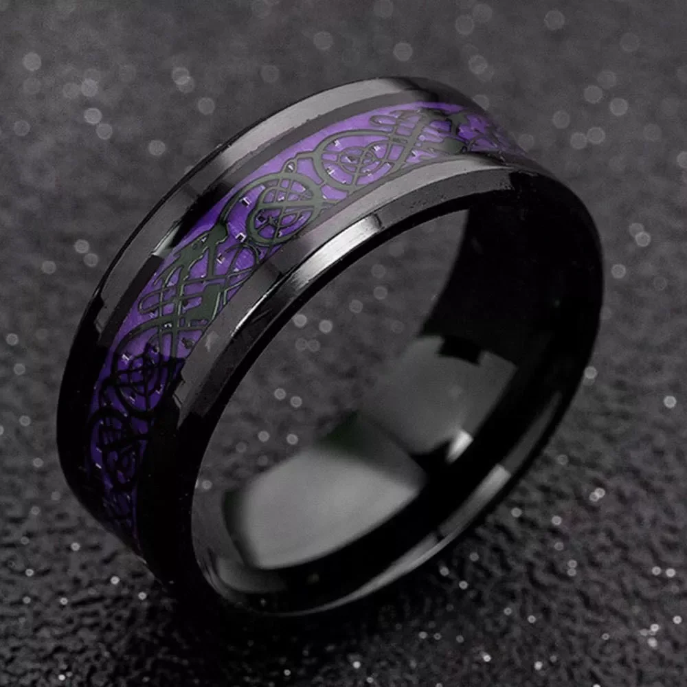 

Men Stainless Steel Dragon Ring Inlay Purple Black Carbon Fiber Ring Wedding Band Jewelry