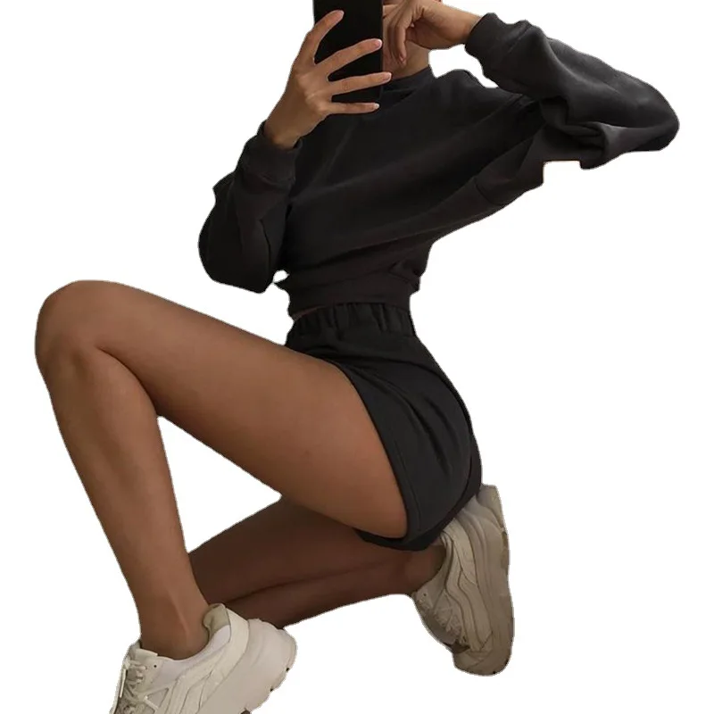 Solid Women Tracksuits Two Pieces Suits Autumn Winter Loose Streetwear Sweatshirt + Sporting Shorts Suits 2 Piece Outfit Sets