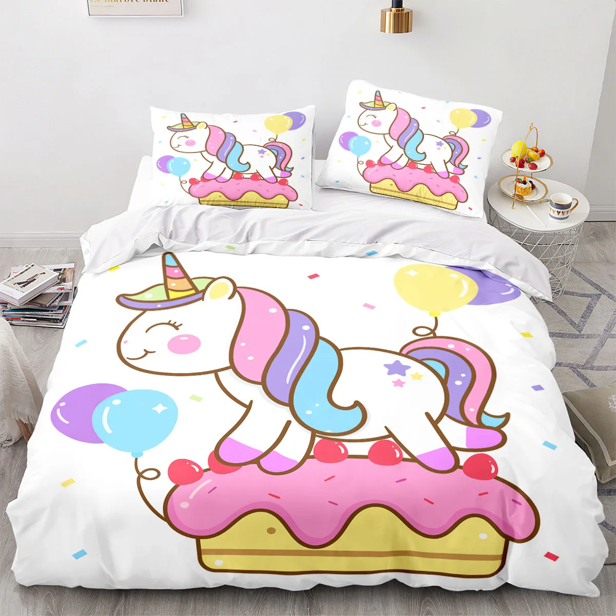 Unicorn Duvet Cover Cartoon Rainbow Colorful Unicorn Cute Bedding Set Romantic Theme for Kids Girls Polyester Comforter Cover images - 6