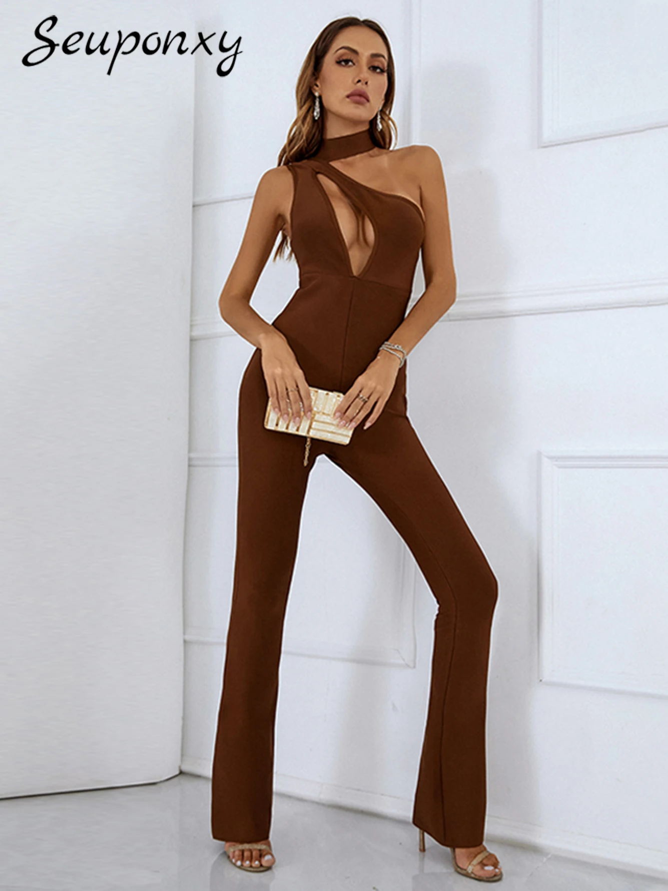 

High Quality Women's Autumn Sexy One Shoulder Hollow Backless Bodycon Bandage Jumpsuit 2022 New Fashion High Street Jumpsuit