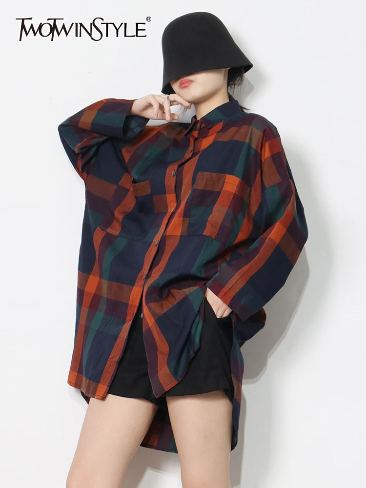 

TWOTWINSTYLE Plaid Colorblock Shirt For Women Lapel Long Sleeve Loose Slim Minimalist Button Through Blouse Female Clothing 2022