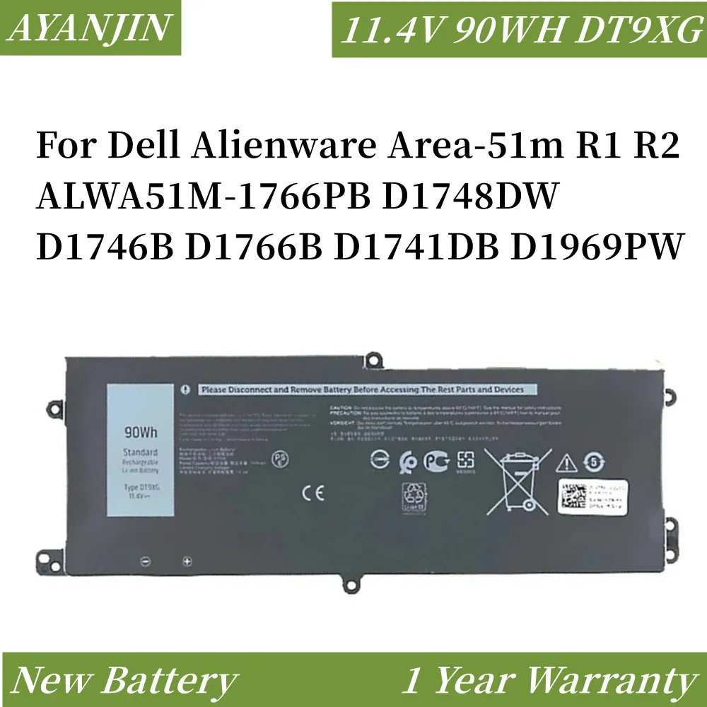 DT9XG 0KJYFY 07PWXV 11.4V 90WH Battery for Dell Alienware Area-51m R1 R2 ALWA51M-1766PB D1748DW D1746B D1766B D1741DB D1969PW
