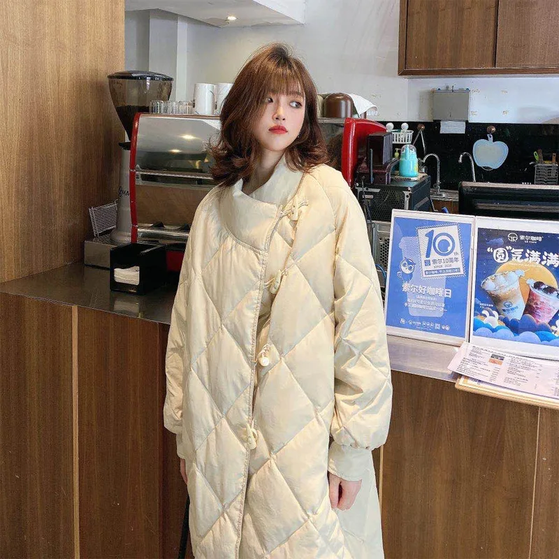 Horn Button Down Jacket Women's Winter New Fashion Warm Cotton Dress White Eiderdown Over The Knee Ringer Medium Long Coat